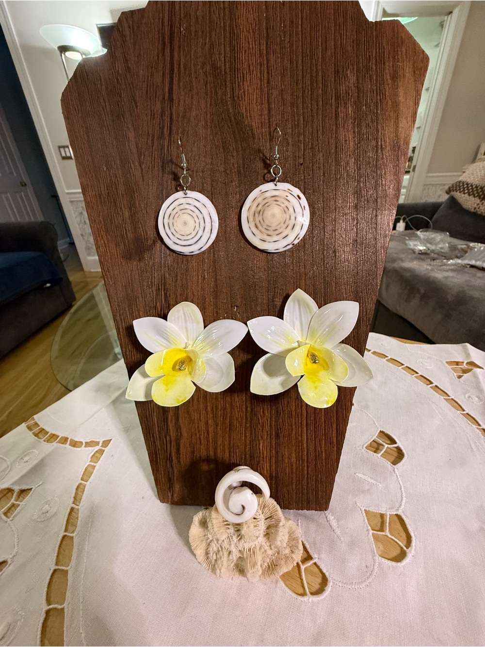 Handmade Floral Earrings White & Yellow & shell circular earrings & shell ring